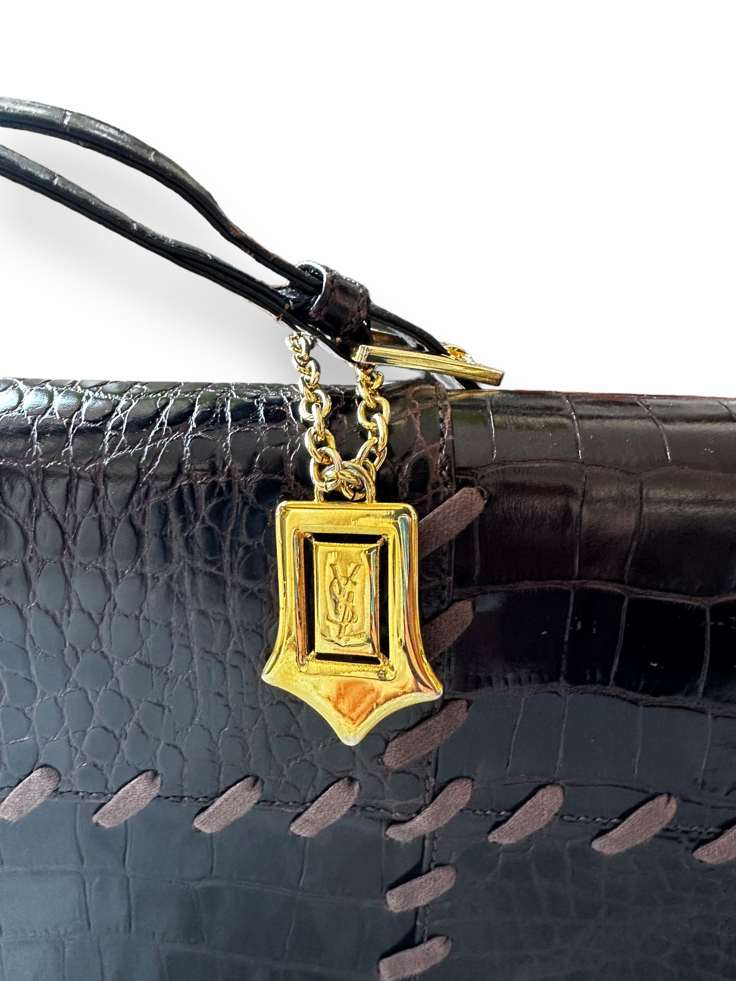 YSL Rare Vintage Croc Embossed Leather Shoulder Bag