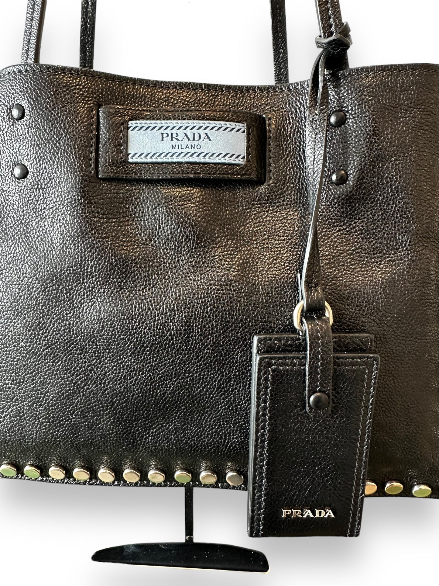 Prada Etiquette Studded Glace Calfskin Leather Shoulder Bag