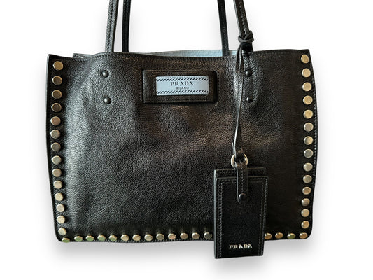 Prada Etiquette Studded Glace Calfskin Leather Shoulder Bag