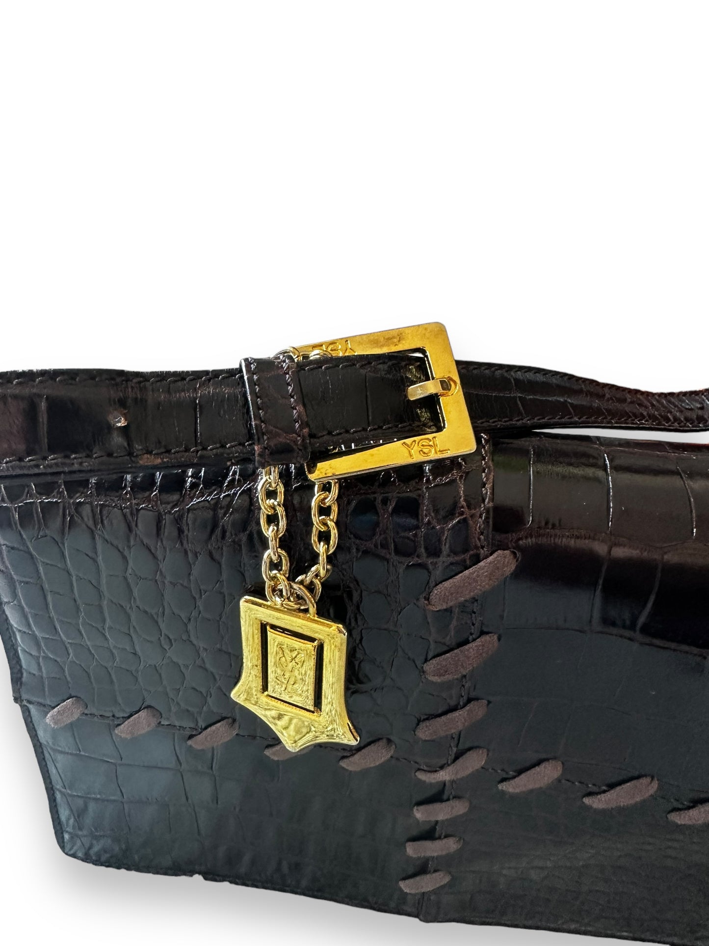 YSL Rare Vintage Croc Embossed Leather Shoulder Bag